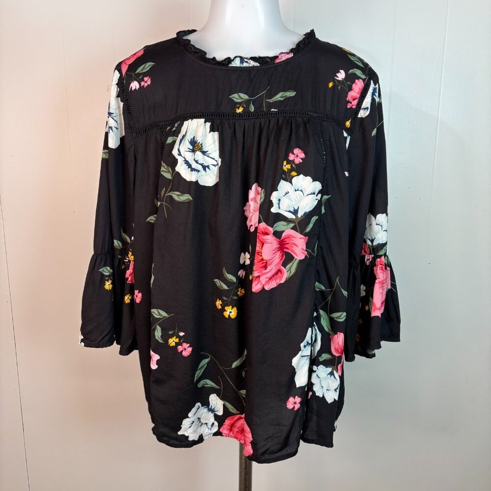 Old Navy Top Large Black Floral Bell Sleeve Feminine Blouse‎ Women's